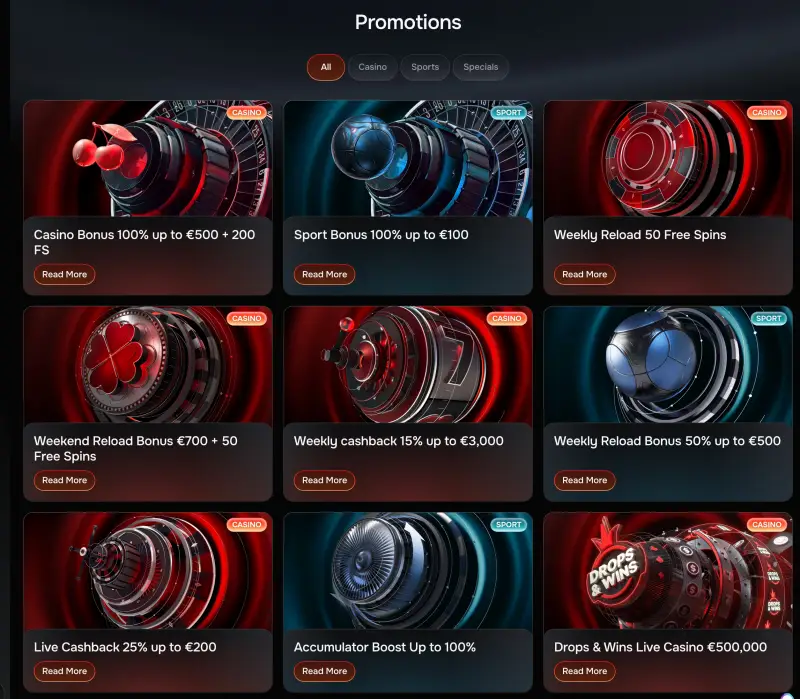 Revolution casino . bonuses and promotions (screenshot)