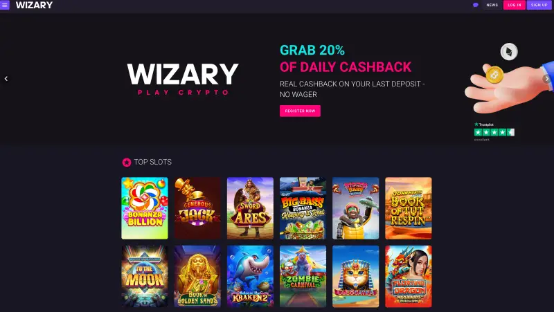Wizary Casino - Homepage (screenshot)