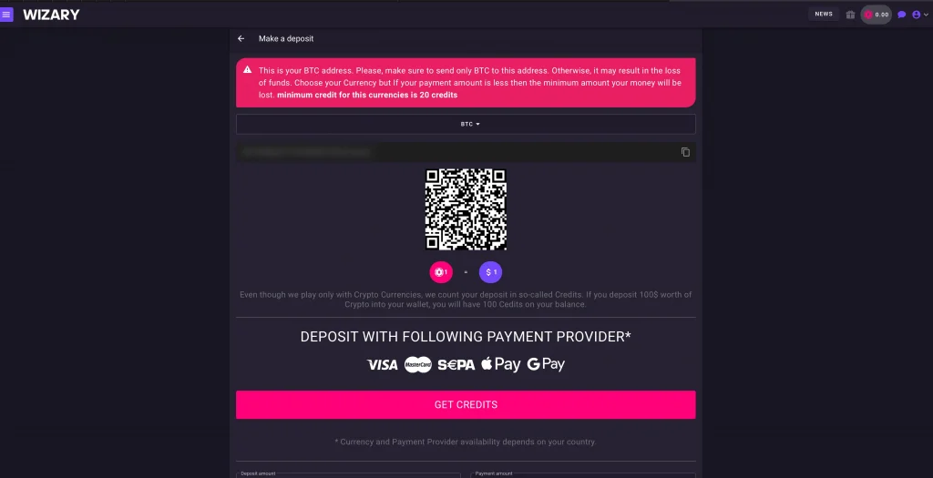 Wizary deposit: cryptocurrencies and e-wallets.