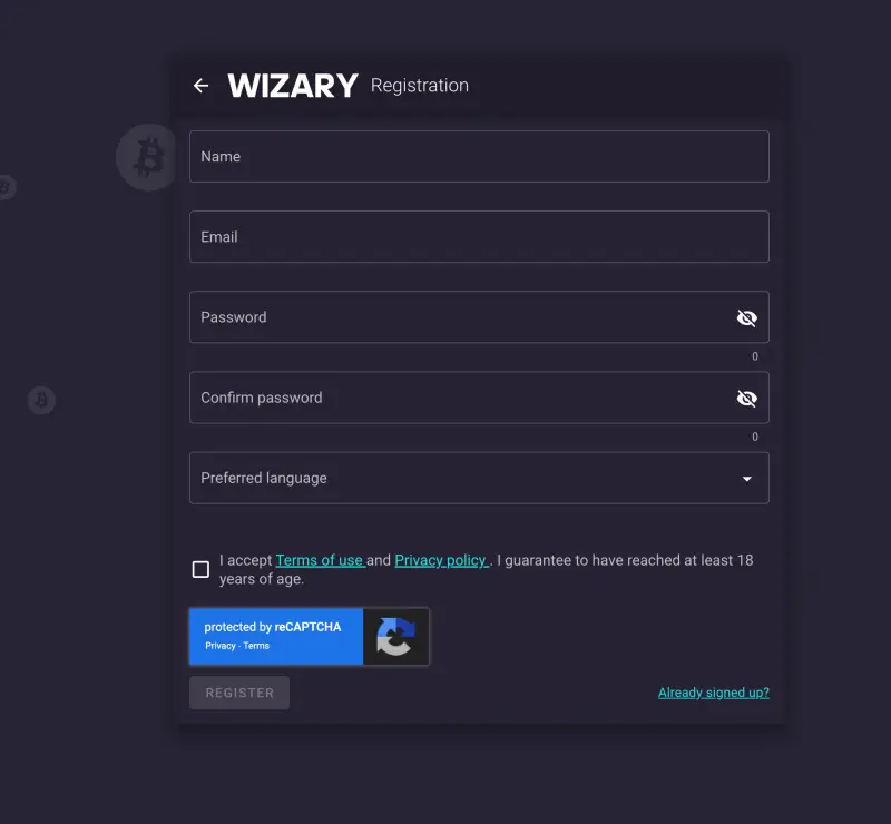 Screenshot of Wizary registration page