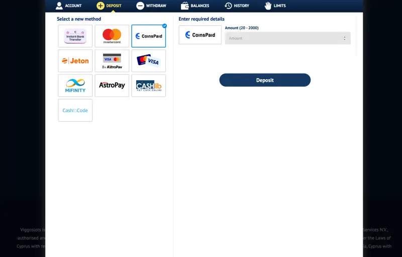 Screenshot of Viggoslots deposits page Screenshot of Viggoslots deposits page