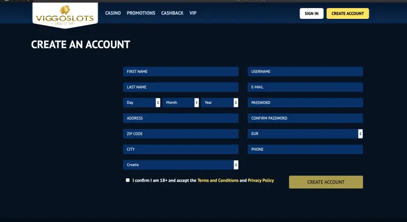 Screenshot of Viggoslots registration page Screenshot of Viggoslots registration page