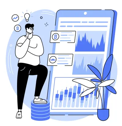 A man standing on a pile of crypto coins next to a large screen