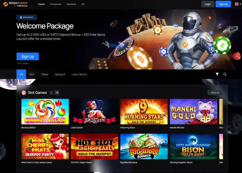 Bitspincasino review- homepage (screenshot)