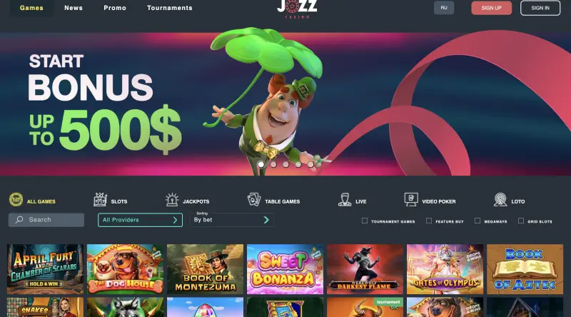 Jozz casino review- homepage (screenshot)