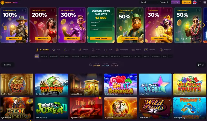 Respin casino review - homepage (screenshot)