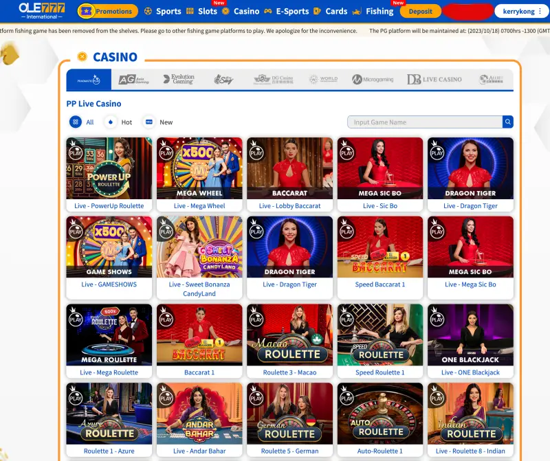 ole777 Live Casino page