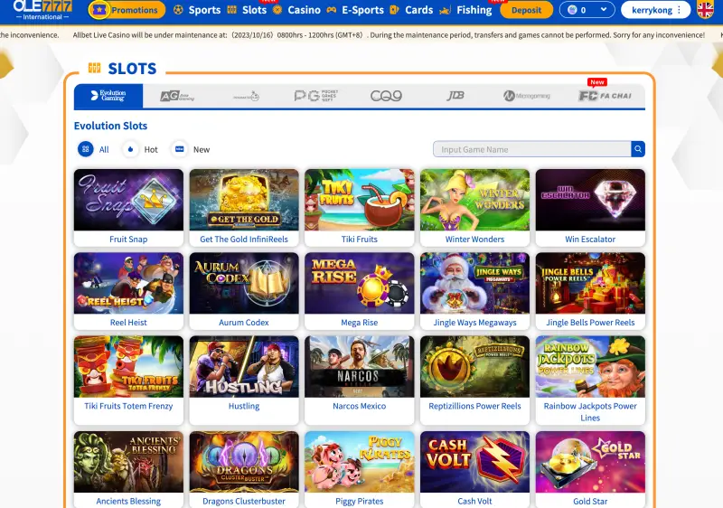 Ole777 slots section