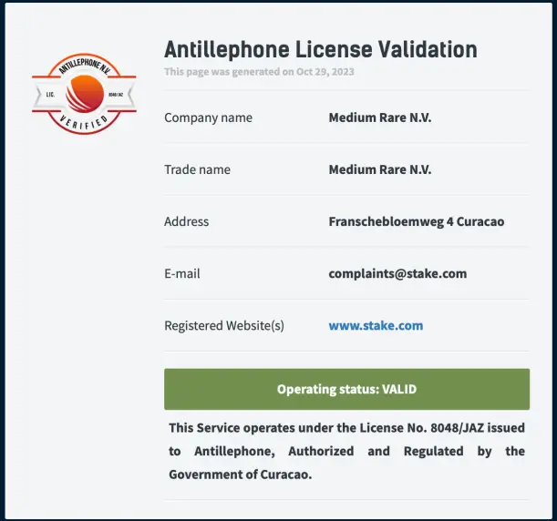 stake casino license seal