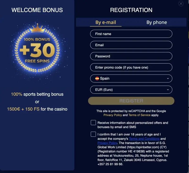 SpinBetter - registration page