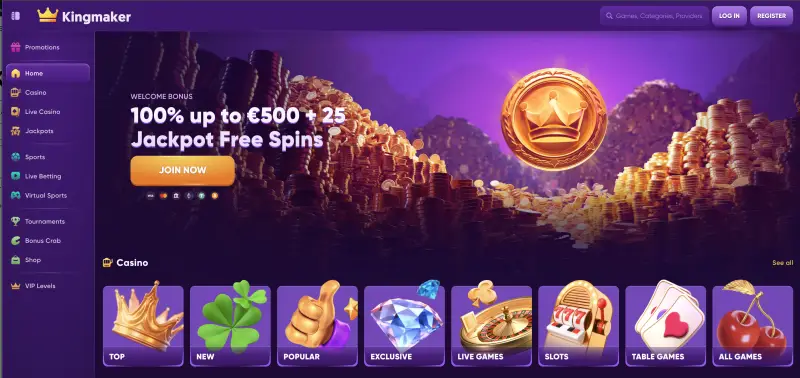 Kingmaker casino review - homepage