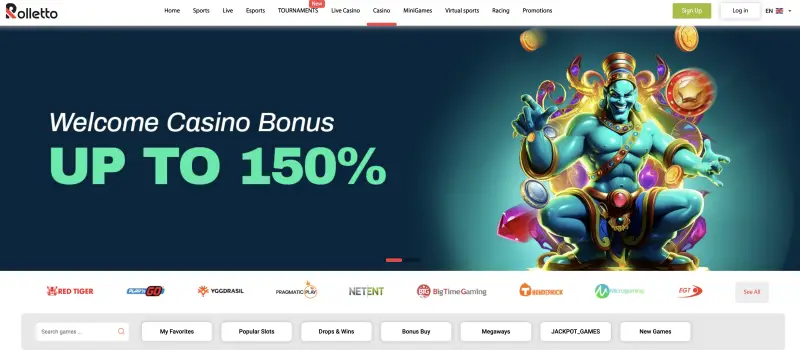 Rolletto casino homepage (screenshot) - Review