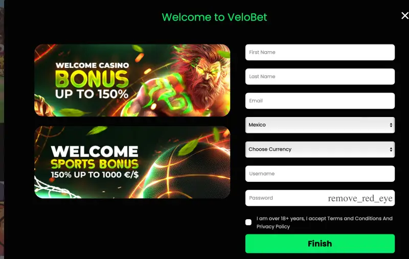 Velobet casino registration page