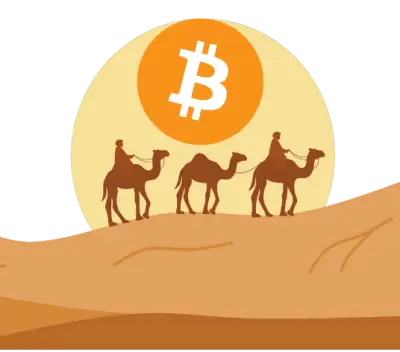 A group of people riding camels in the Arabic desert, and Bitcoin icon